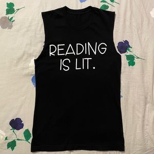 Small black Reading is Lit muscle tee